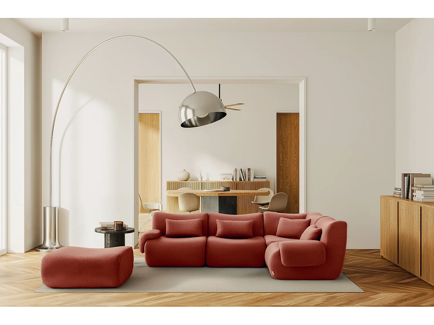 Canapé d'angle modulaire MILYSOFA SOFATIME 4 places avec méridienne Tissu fine bouclette Rouge terracotta