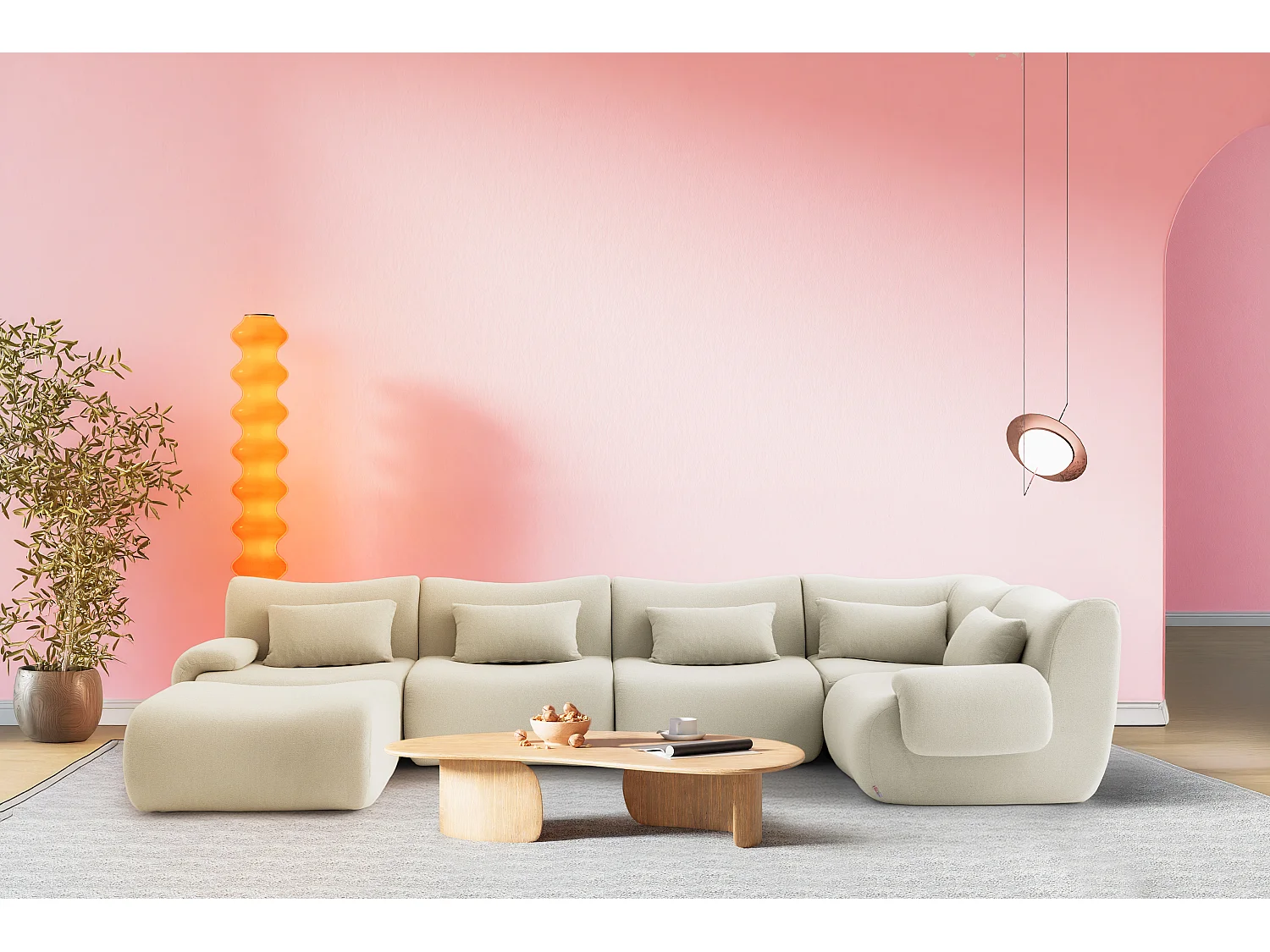 Canapé d'angle modulaire MILYSOFA SOFATIME 5 places avec méridienne Tissu fine bouclette Beige crème