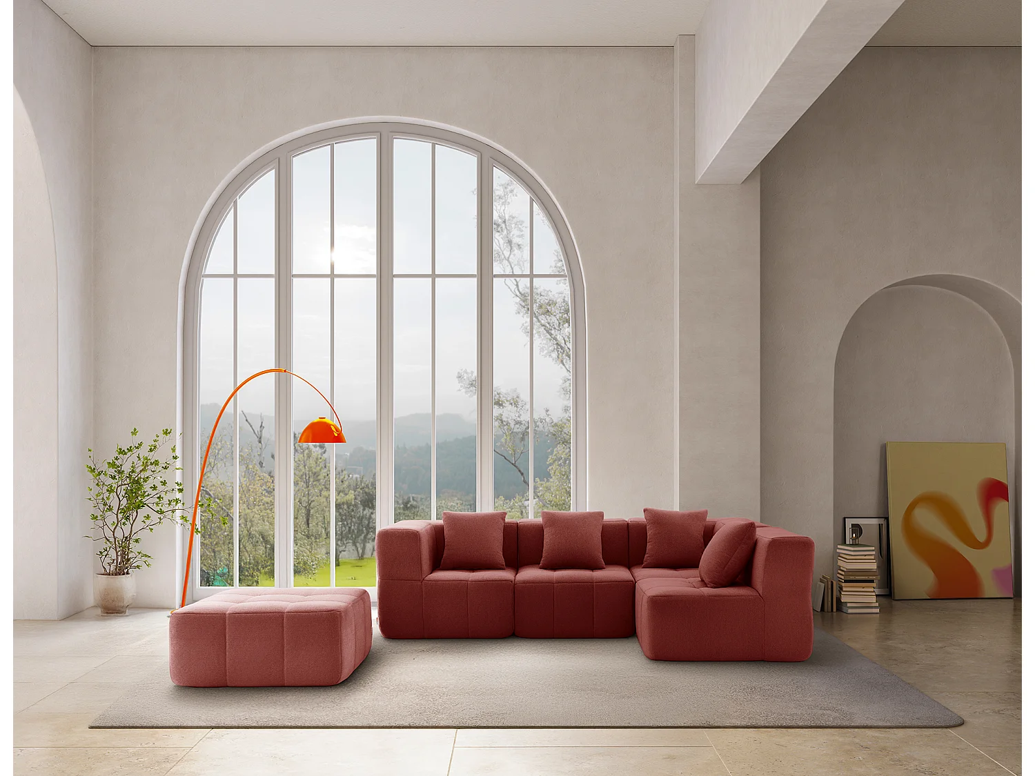 Canapé d'angle modulaire MILYSOFA SOFABULOUS 4 places avec méridienne tissu fine bouclette Rouge terracotta