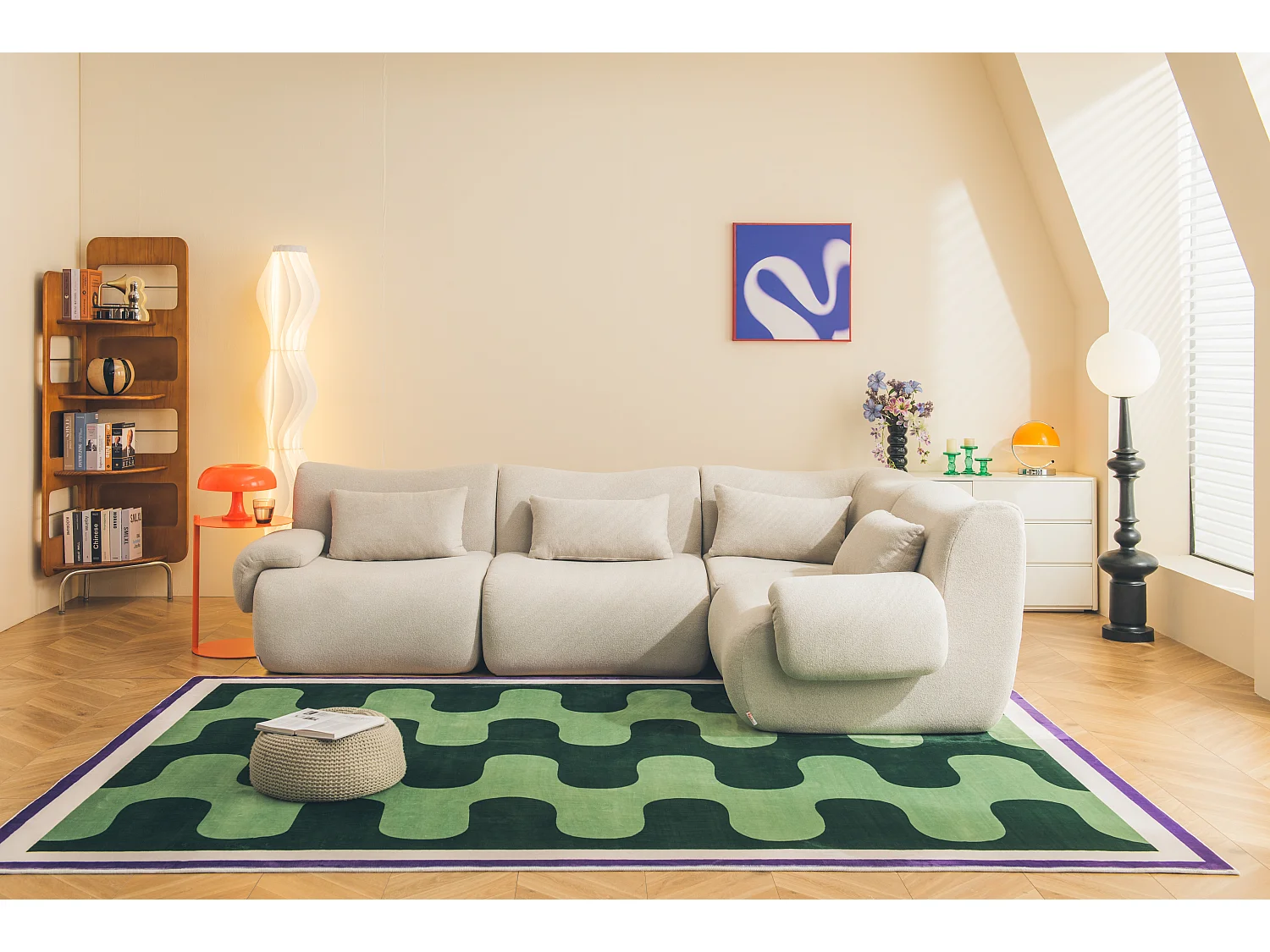 Canapé d'angle modulaire MILYSOFA SOFATIME 4 places Tissu fine bouclette Beige pierre