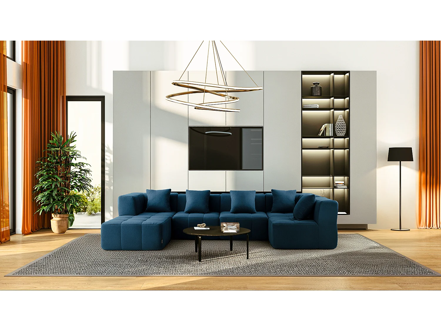 Canapé d'angle modulaire MILYSOFA SOFABULOUS 5 places avec méridienne Tissu fine bouclette Bleu profond