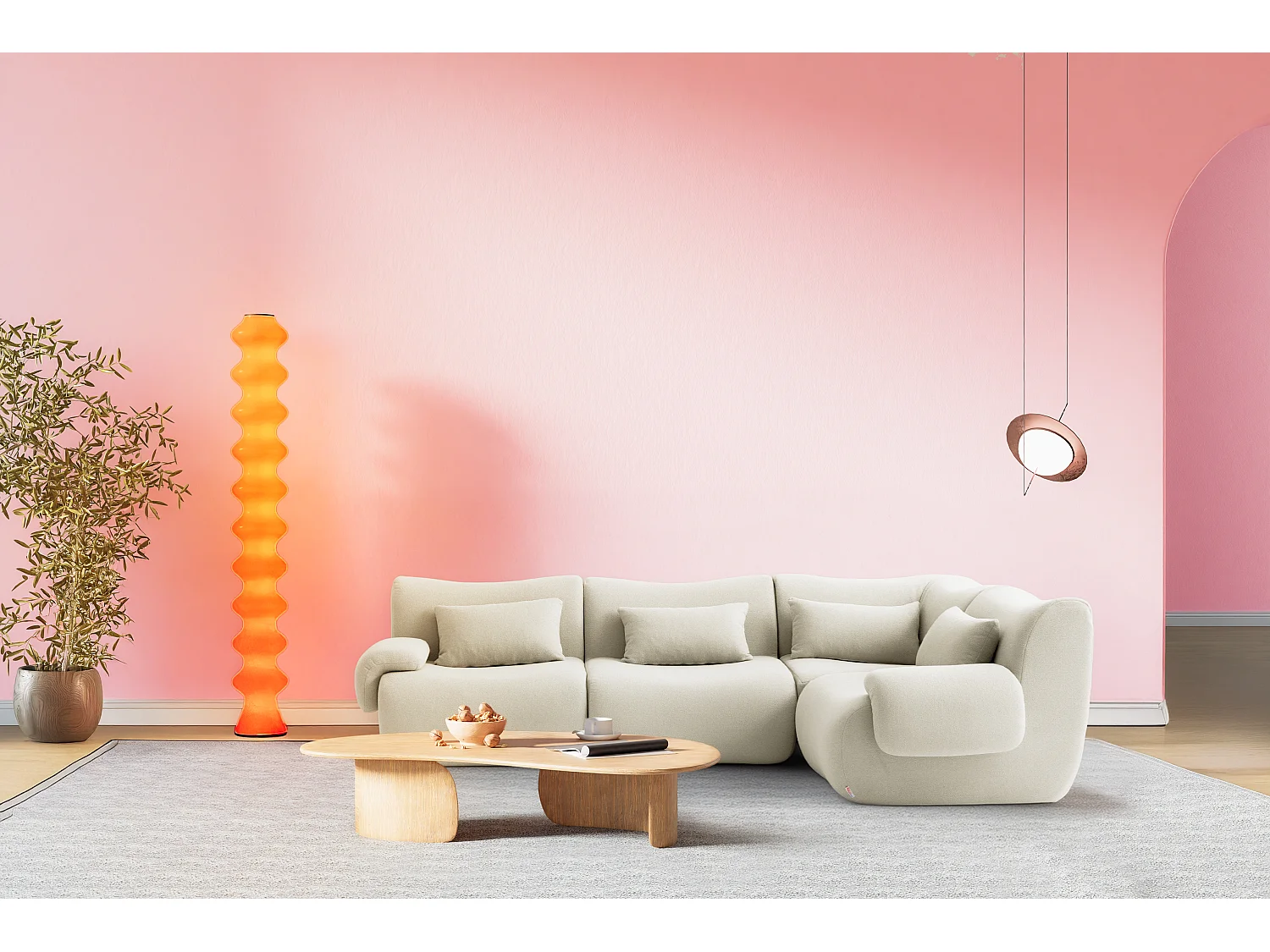 Canapé d'angle modulaire MILYSOFA SOFATIME 4 places Tissu fine bouclette Beige crème