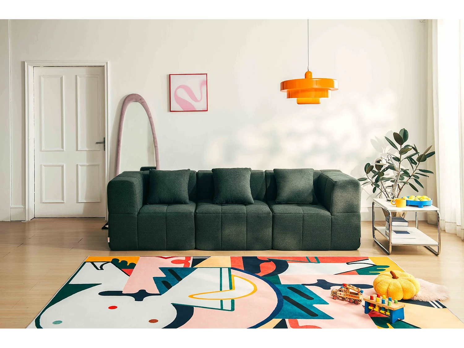 Canapé droit modulaire MILYSOFA SOFABULOUS 3 places Tissu fine bouclette Vert foret