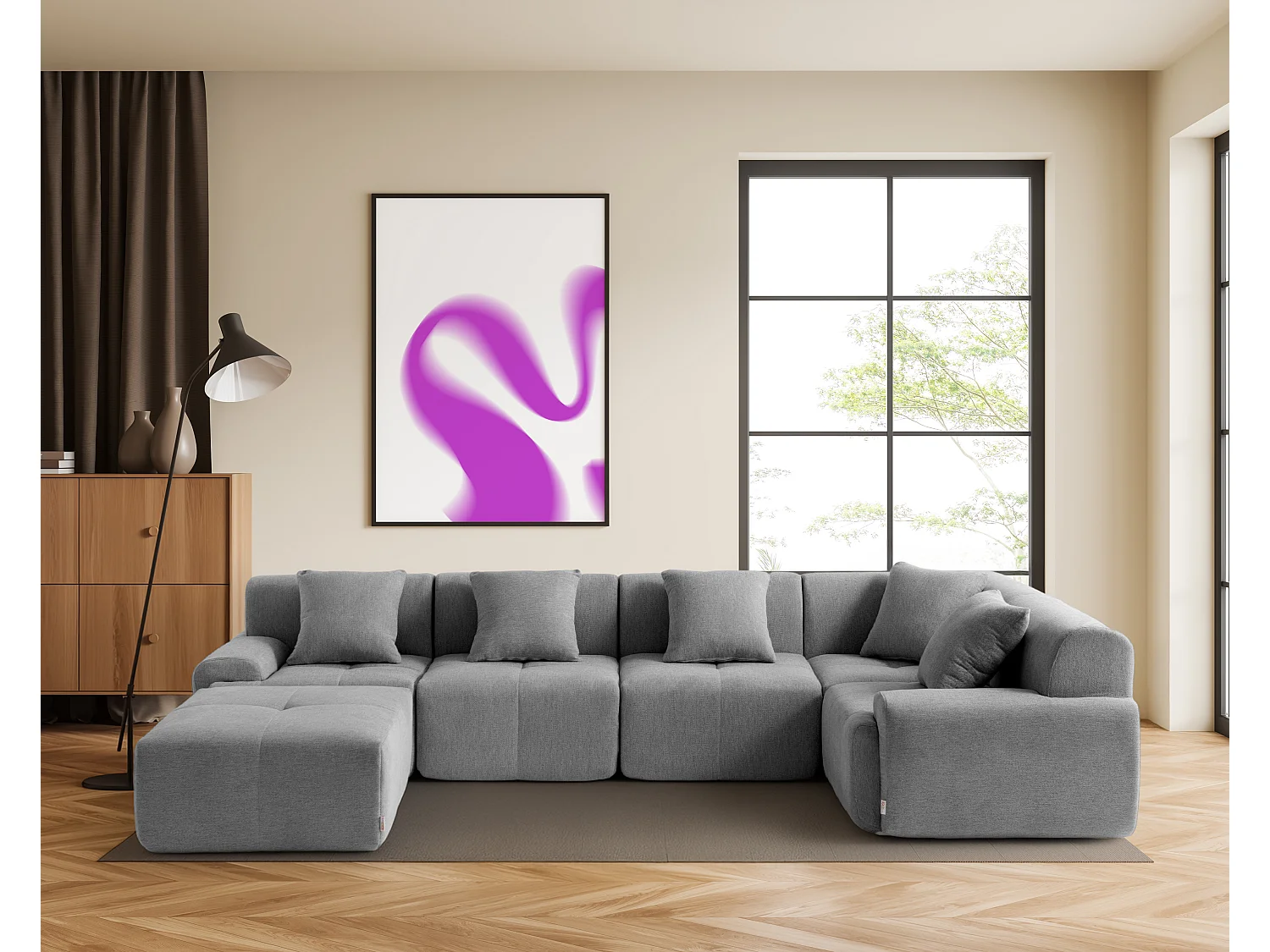 Canapé d'angle modulaire MILYSOFA SOFAMOUS 5 places avec méridienne Tissu chenille Gris minéral