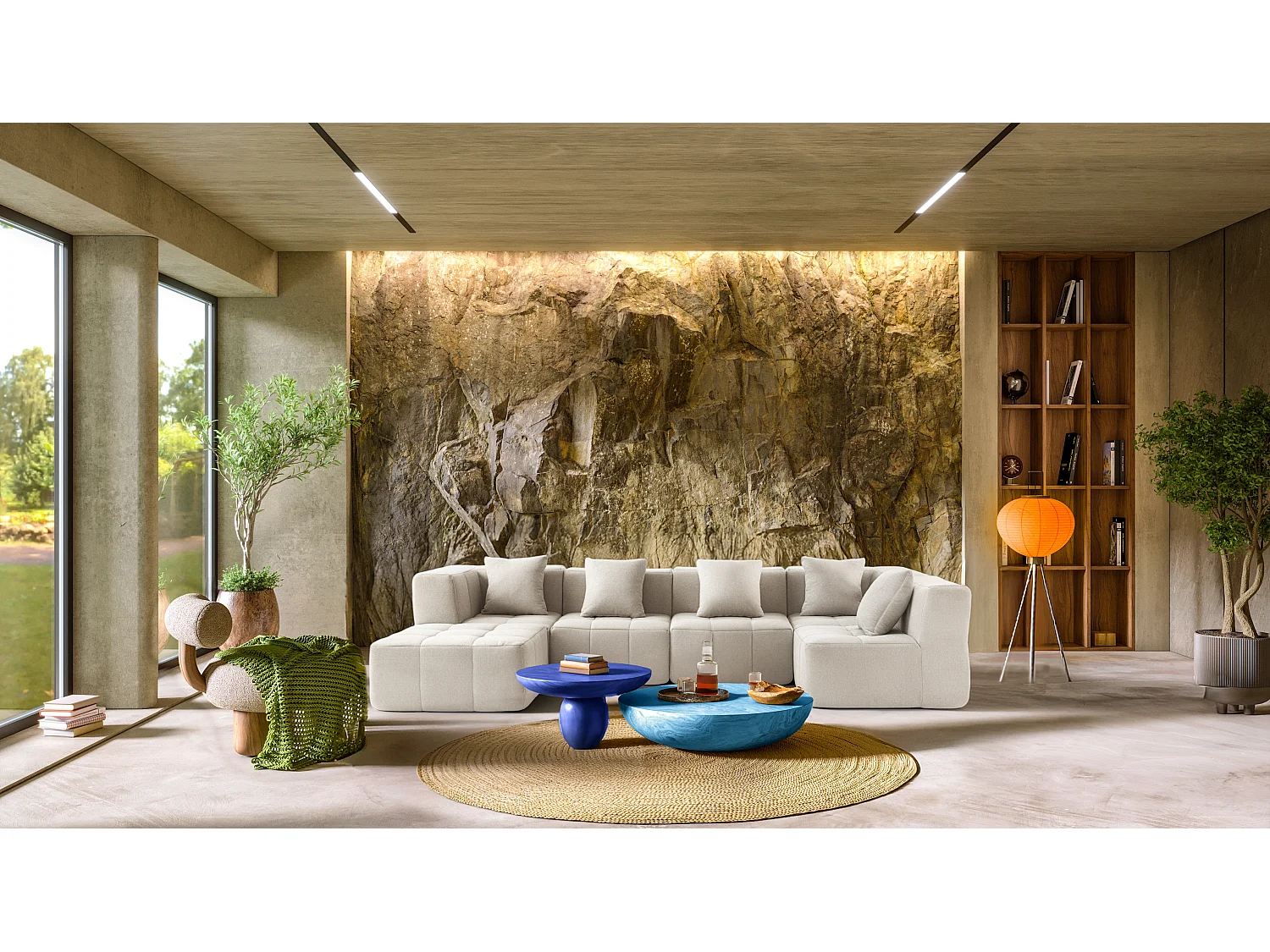 Canapé d'angle modulaire MILYSOFA SOFABULOUS 5 places avec méridienne Tissu fine bouclette Beige crème