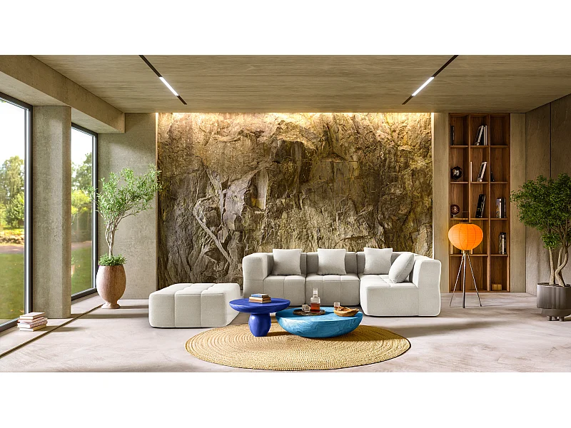 Divano angolare modulare MILYSOFA SOFABULOUS 4 posti con chaise longue in tessuto bouclé fine beige crema