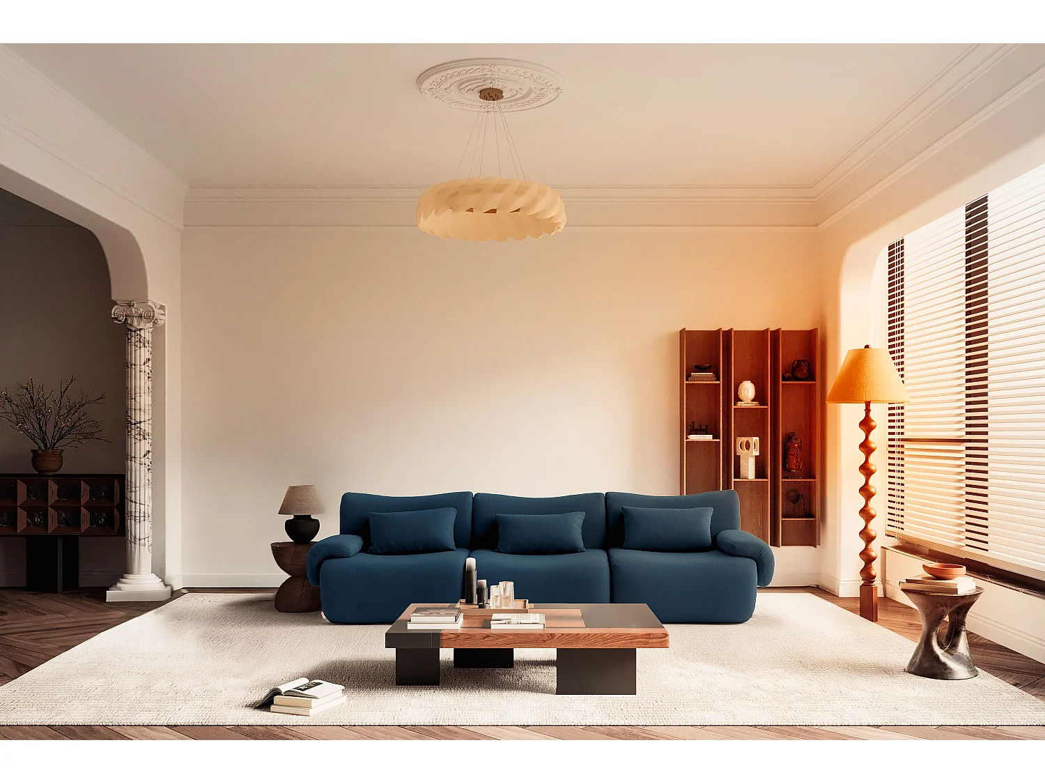 Modulaire rechte bank MILYSOFA SOFATIME 3-zits fijne bouclé stof diepblauw