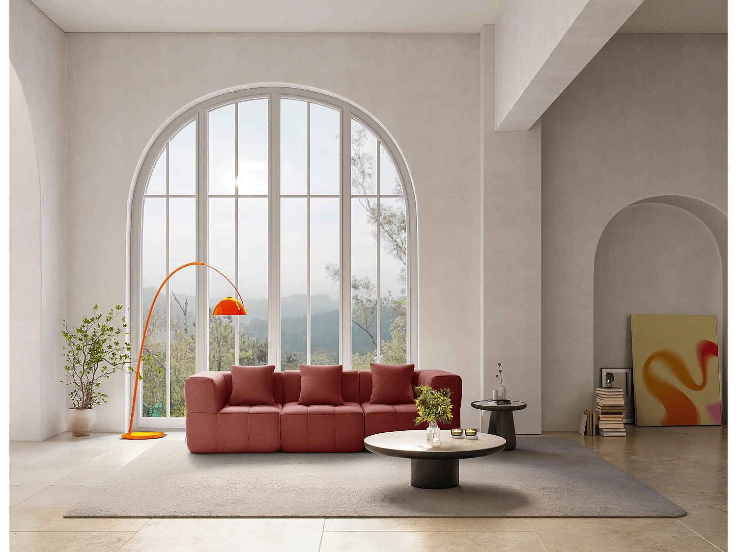 Canapé droit modulaire MILYSOFA SOFABULOUS 3 places Tissu fine bouclette Rouge terracotta