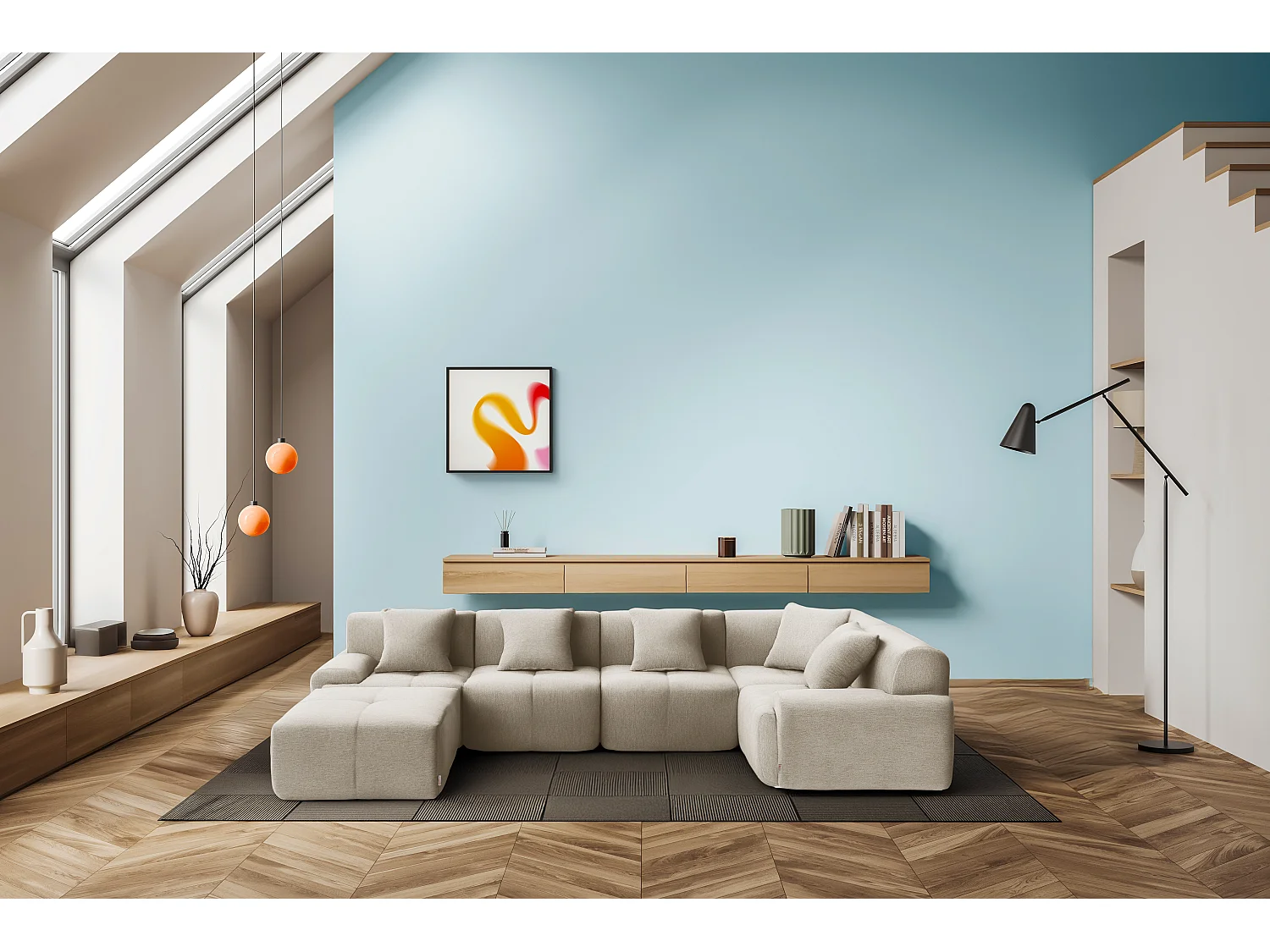 Divano angolare modulare MILYSOFA SOFAMOUS 5 posti con chaise longue in tessuto chenille bianco avorio