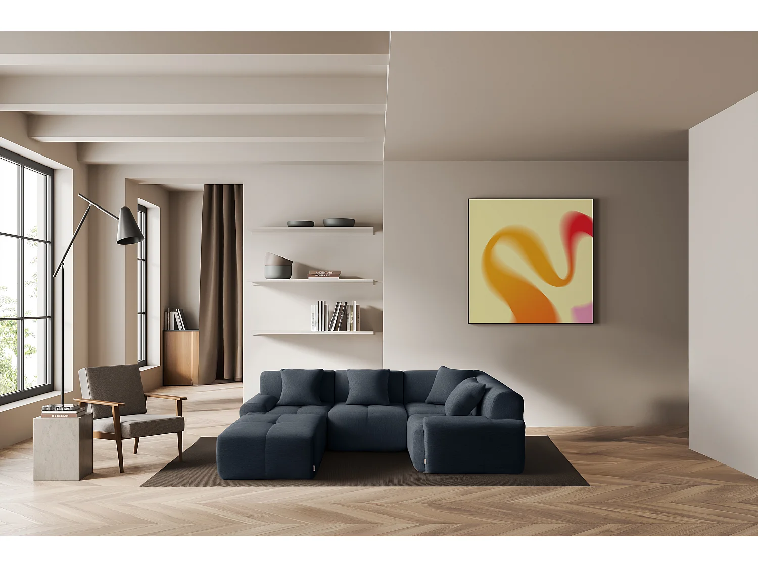 Canapé d'angle modulaire MILYSOFA SOFAMOUS 4 places avec méridienne Tissu chenille Bleu gris