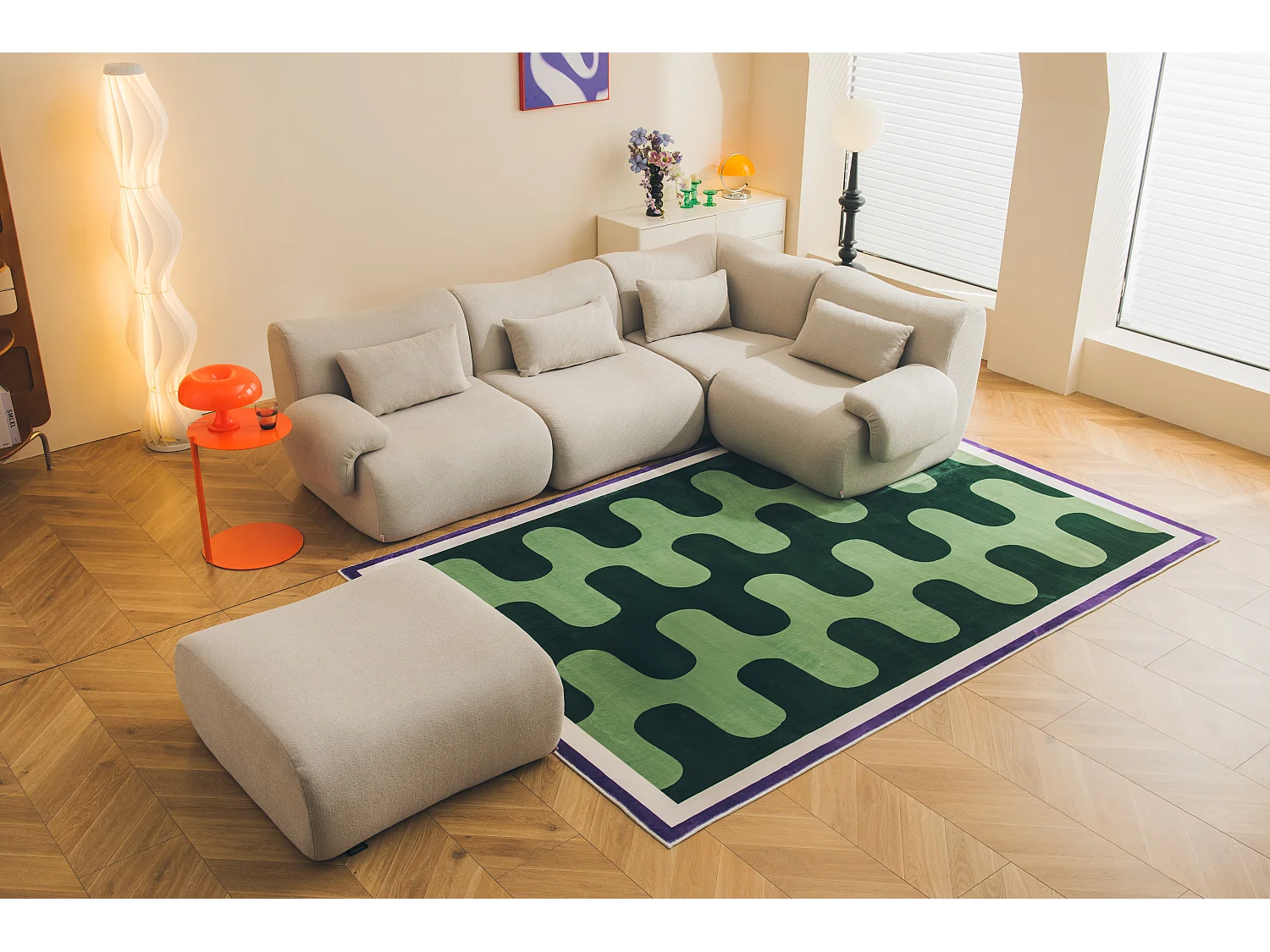 Canapé d'angle modulaire MILYSOFA SOFATIME 4 places avec méridienne Tissu fine bouclette Beige pierre