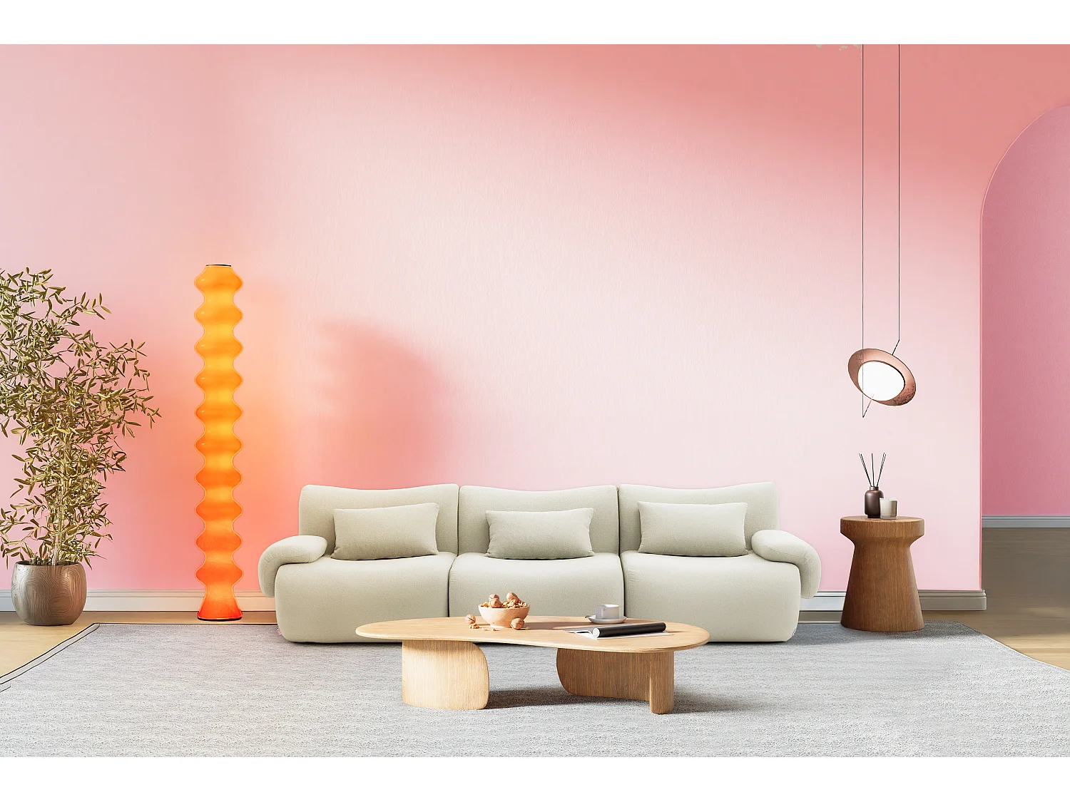 Divano lineare modulare MILYSOFA SOFATIME 3 posti in tessuto bouclé fine beige crema