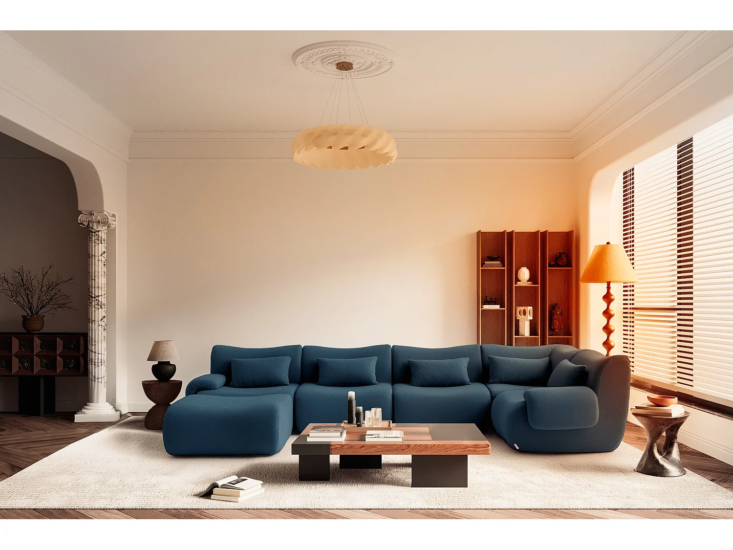 Canapé d'angle modulaire MILYSOFA SOFATIME 5 places avec méridienne Tissu fine bouclette Bleu profond