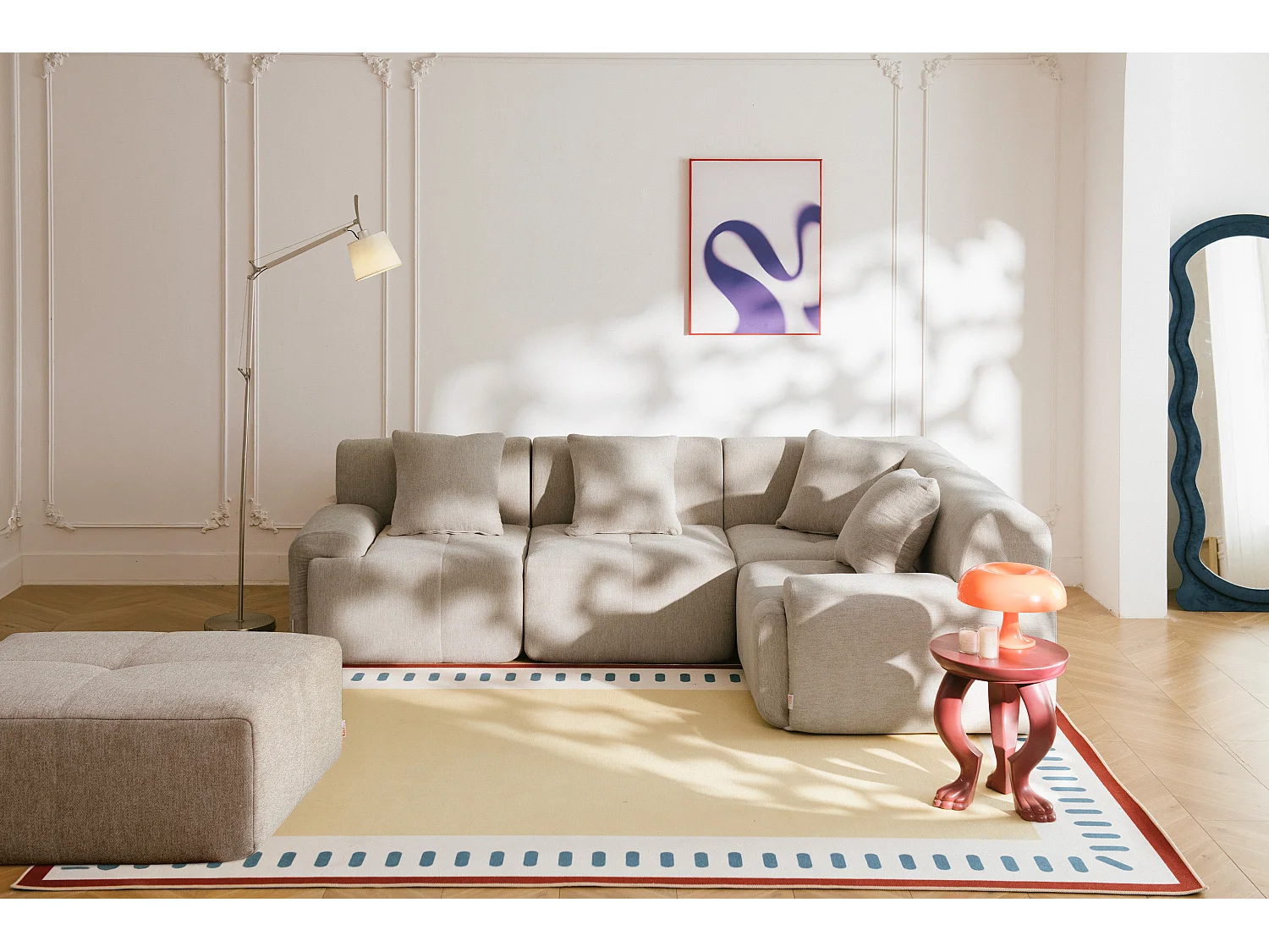 Canapé d'angle modulaire MILYSOFA SOFAMOUS 4 places avec méridienne Tissu chenille Beige sable