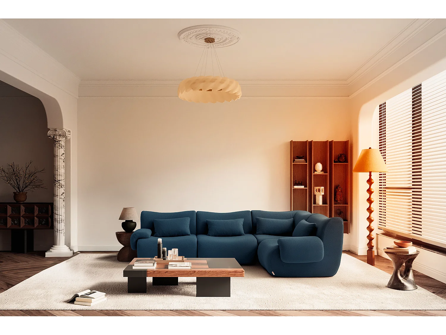 Canapé d'angle modulaire MILYSOFA SOFATIME 4 places Tissu fine bouclette Bleu profond