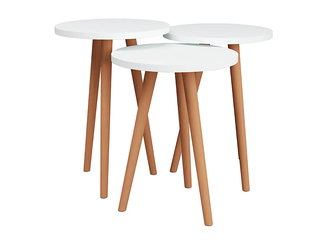 Ensemble de 3 tables d'appoint rondes blanches sur pieds - Diamètre 35 cm, Hauteurs différentes : 49, 47 et 45 cm