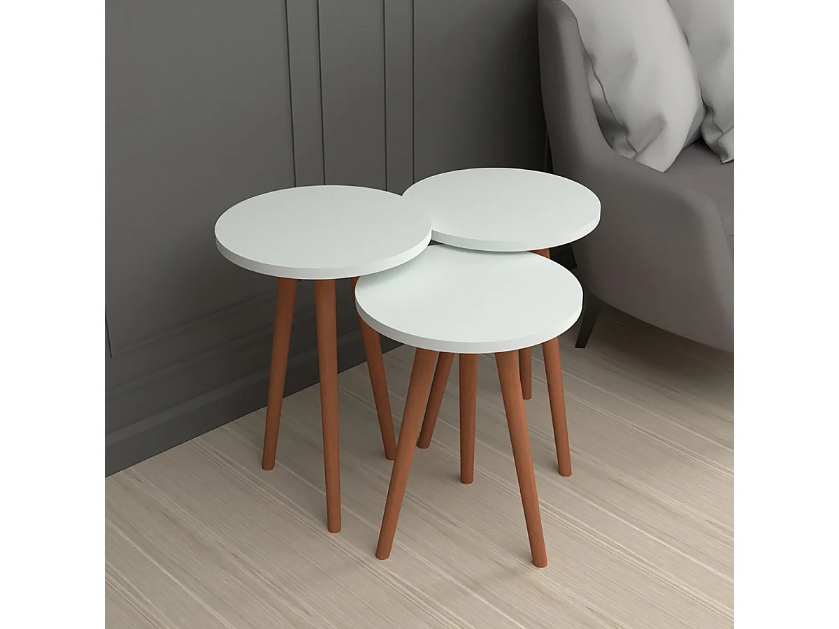 Ensemble de 3 tables d'appoint rondes blanches sur pieds - Diamètre 35 cm, Hauteurs différentes : 49, 47 et 45 cm