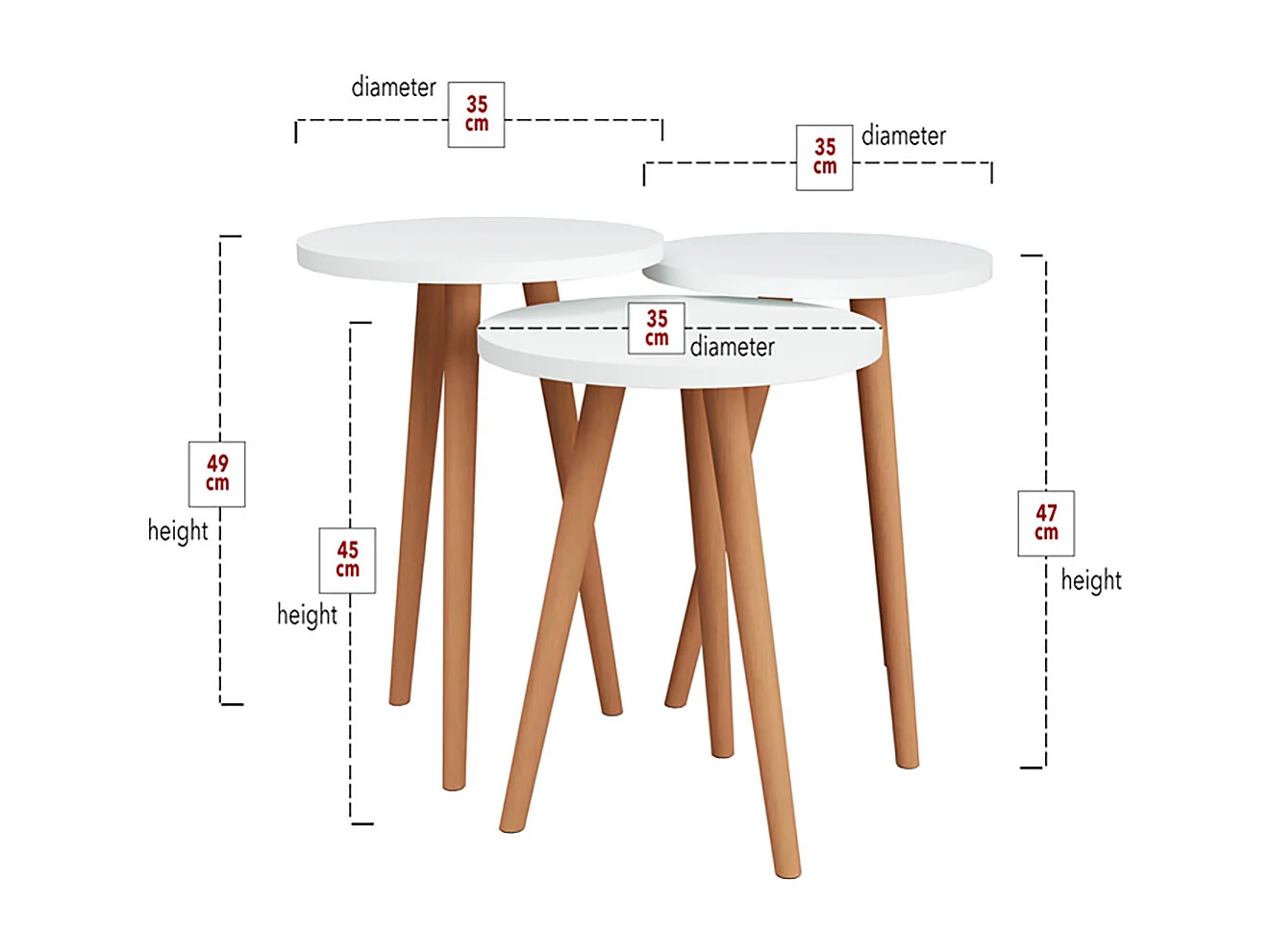 Ensemble de 3 tables d'appoint rondes blanches sur pieds - Diamètre 35 cm, Hauteurs différentes : 49, 47 et 45 cm
