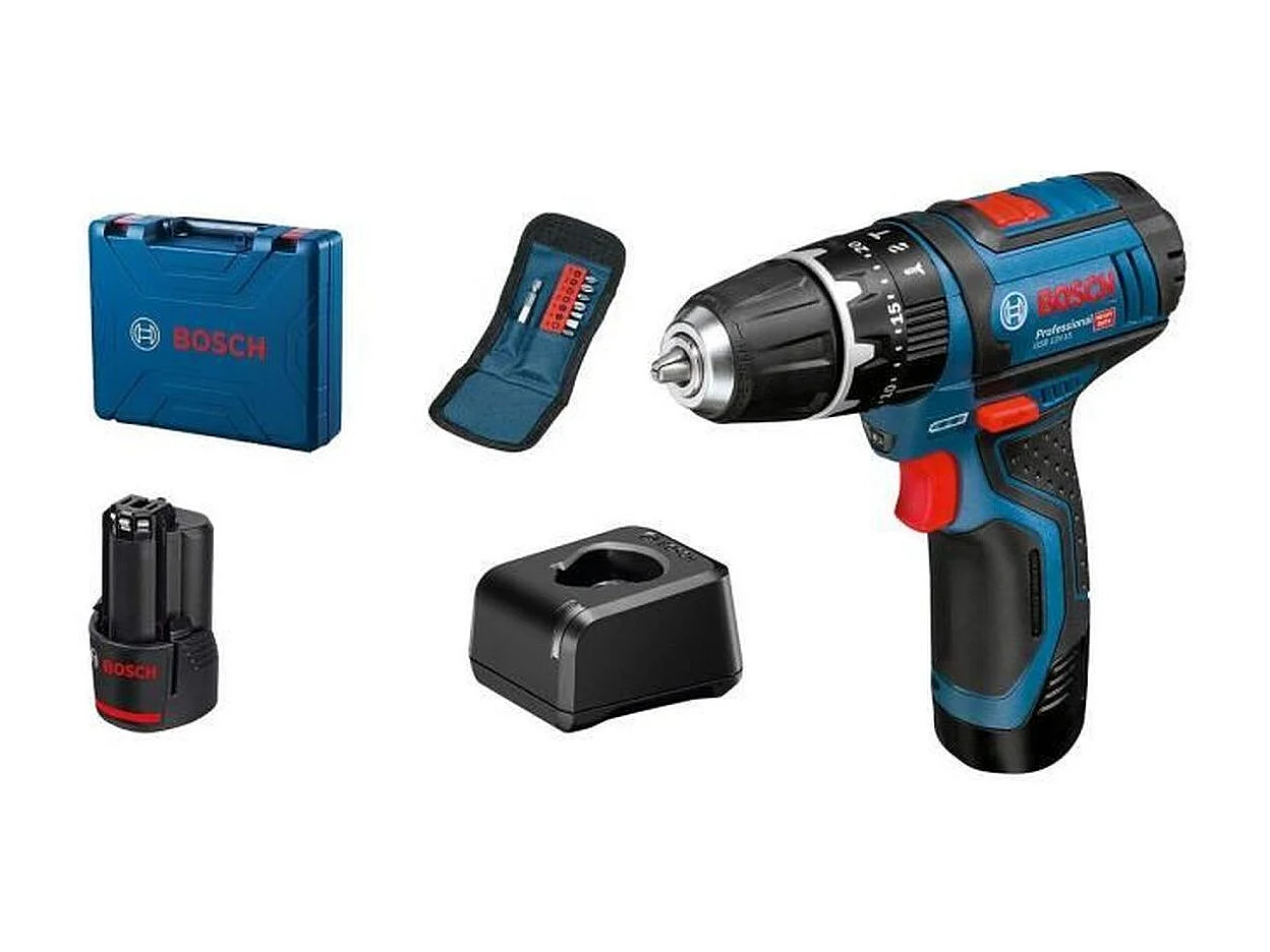 Taladro atornillador percutor inalámbrico BOSCH PROFESSIONAL GSB 12V-15 – Kit completo 2x2,0Ah, 10 accesorios, maletín