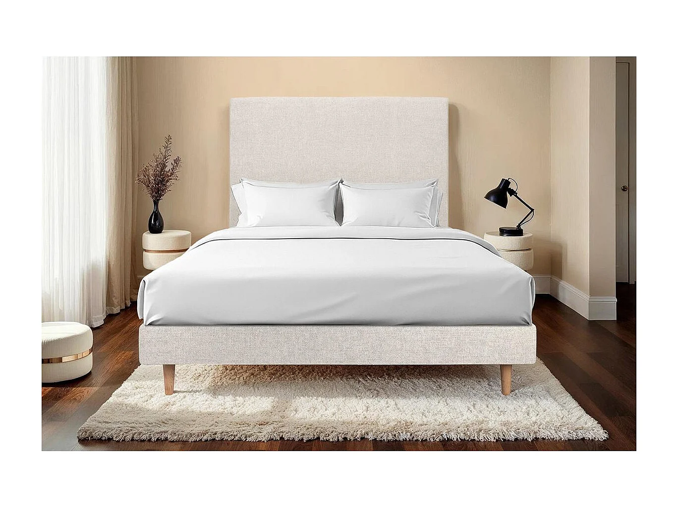 Lit 200x200cm avec tête de lit tapissier tissu et sommier kit Beige clair - Hauteur totale : 29cm