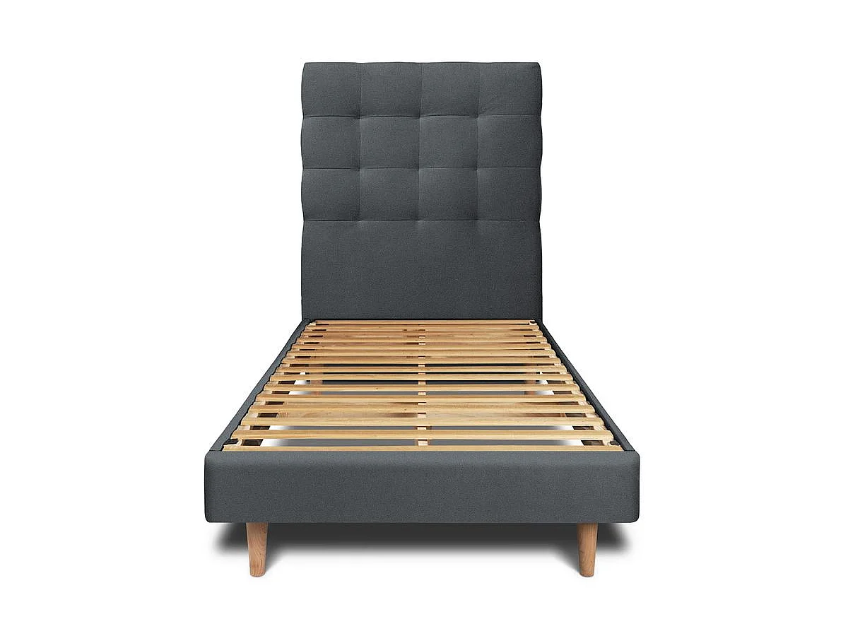 Lit 90x190cm avec tête de lit capitonnée velours et sommier kit gris anthracite - Hauteur totale : 29cm