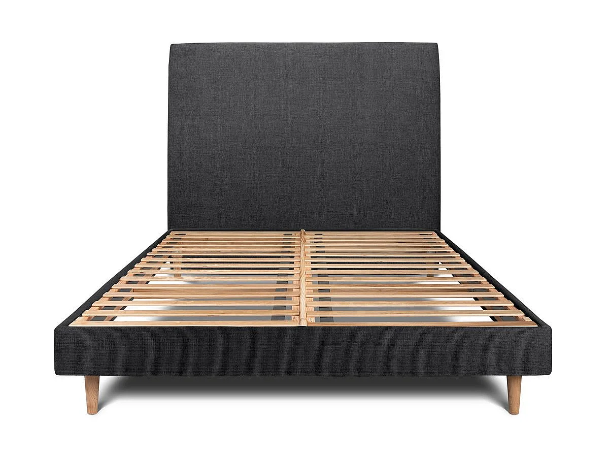 Lit 200x200cm avec tête de lit tapissier tissu et sommier kit Noir - Hauteur totale : 29cm