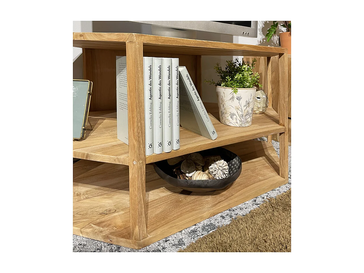 Meuble TV d'angle hexagonal 110 cm bois de teck massif - TETRA