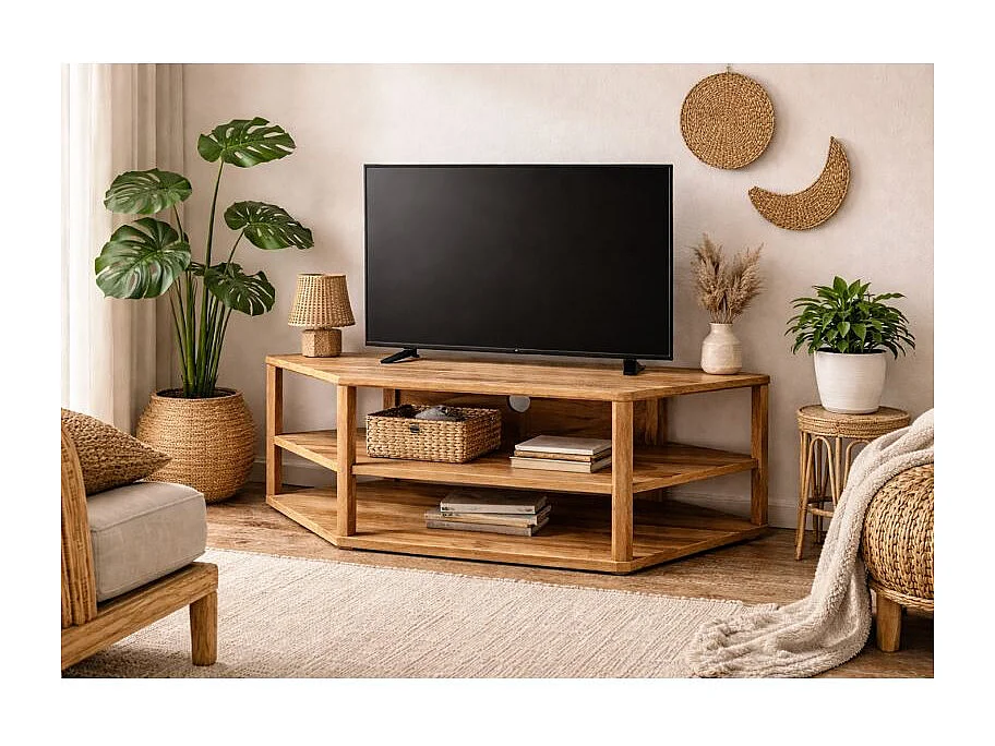 Meuble TV d'angle hexagonal 110 cm bois de teck massif - TETRA