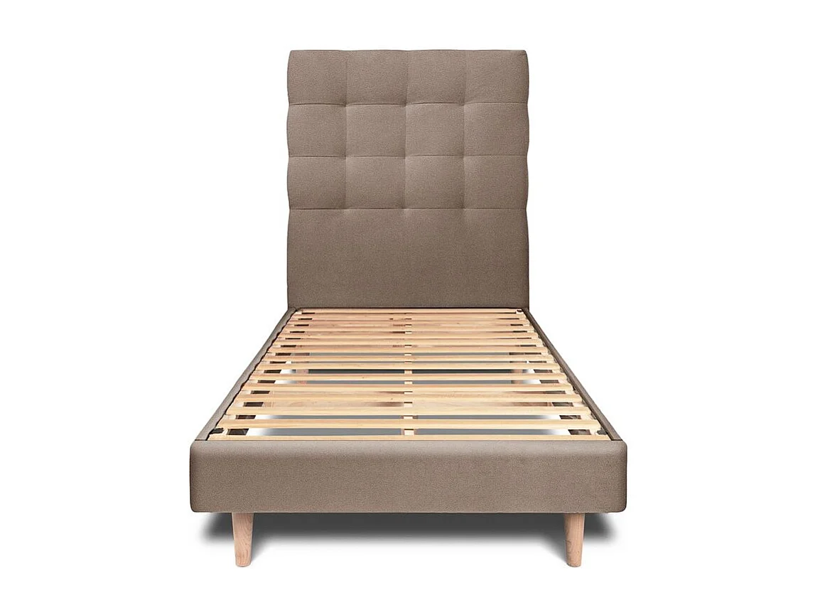 Lit 90x190cm avec tête de lit capitonnée velours et sommier kit taupe - Hauteur totale : 29cm