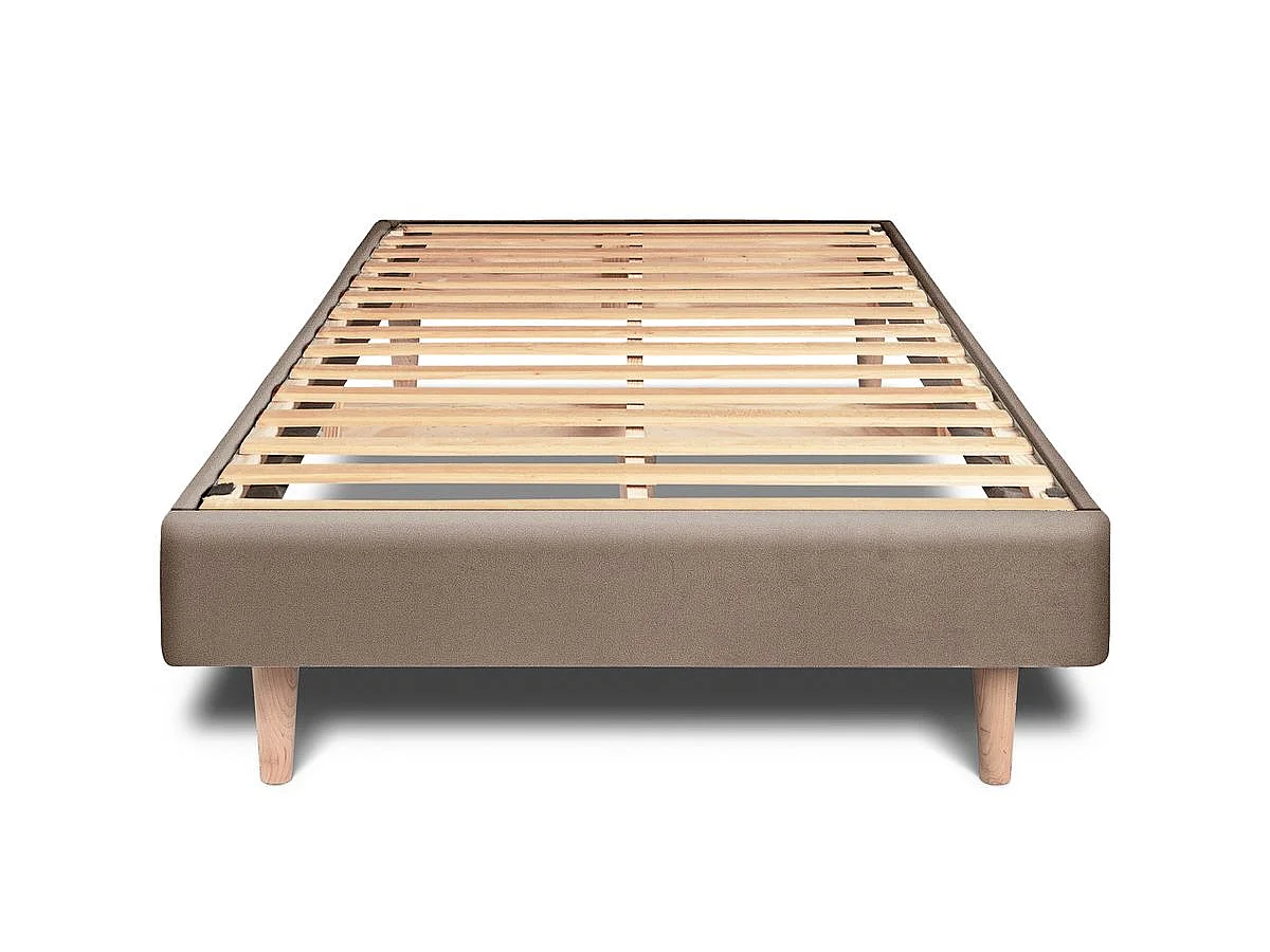 Lit 90x190cm avec tête de lit capitonnée velours et sommier kit taupe - Hauteur totale : 29cm