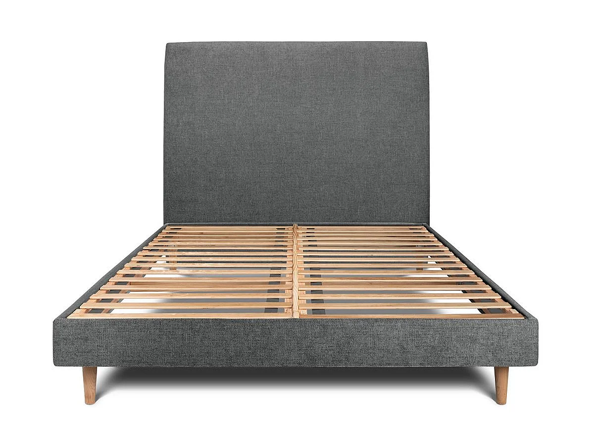 Lit 200x200cm avec tête de lit tapissier tissu et sommier kit gris anthracite - Hauteur totale : 29cm