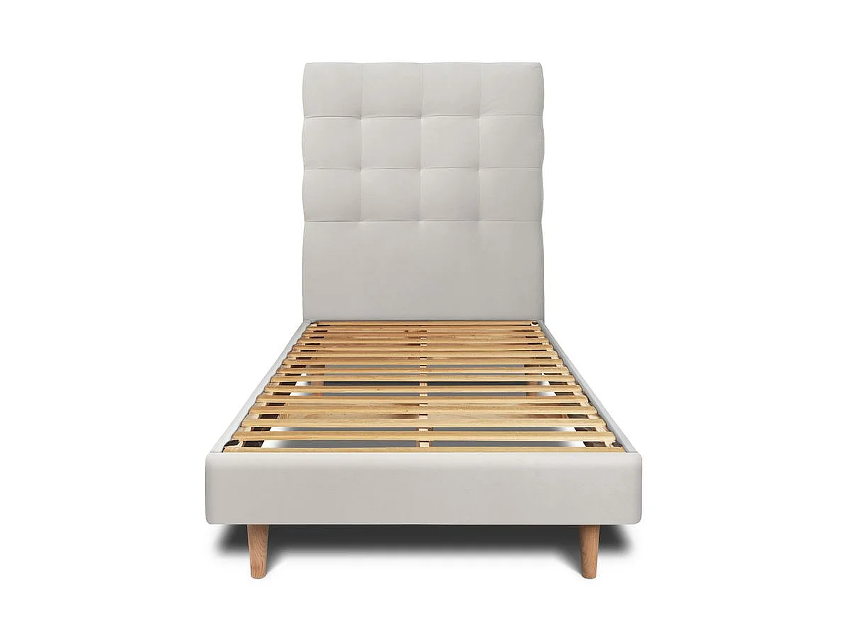Lit 90x190cm avec tête de lit capitonnée velours et sommier kit gris clair - Hauteur totale : 29cm