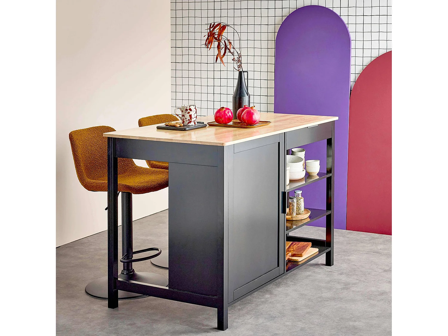 Îlot central de cuisine MOLENE. plateau en bois d'hévéa. 120x75cm. noir. 5 étagères. 1 porte. 1 tiroir. L 120 x P 75 x H 90cm