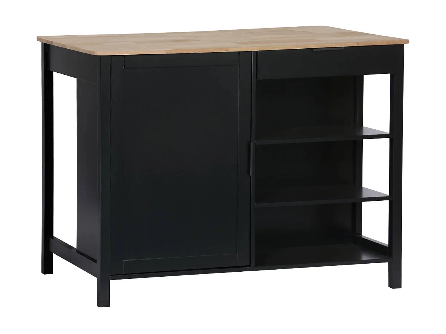 Îlot central de cuisine MOLENE. plateau en bois d'hévéa. 120x75cm. noir. 5 étagères. 1 porte. 1 tiroir. L 120 x P 75 x H 90cm