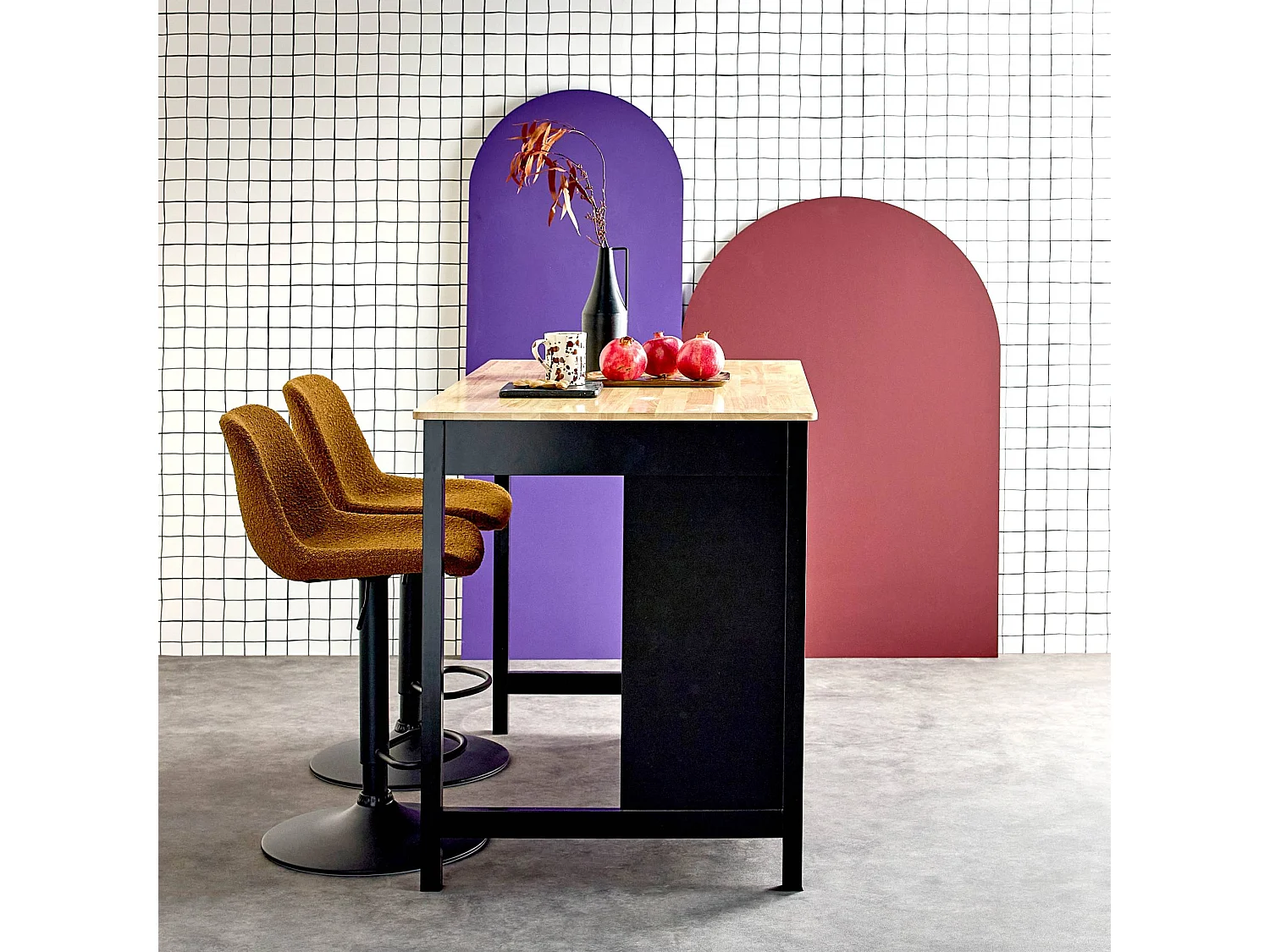 Îlot central de cuisine MOLENE. plateau en bois d'hévéa. 120x75cm. noir. 5 étagères. 1 porte. 1 tiroir. L 120 x P 75 x H 90cm