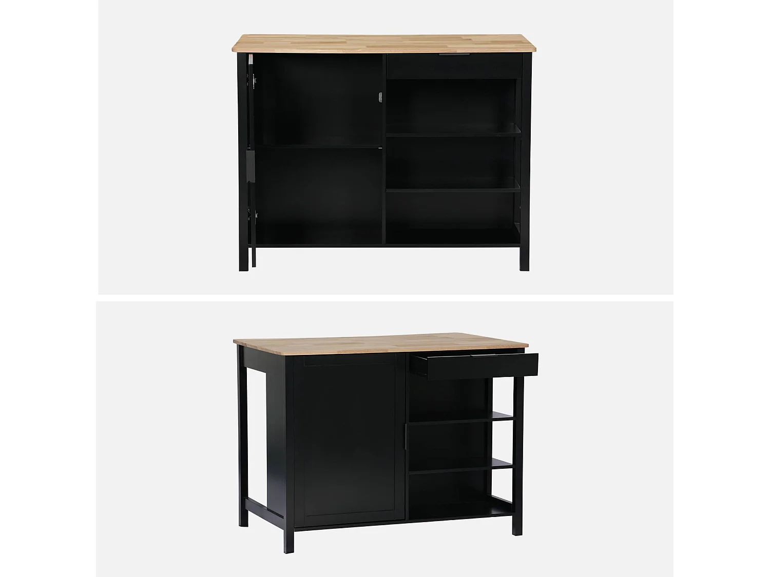 Îlot central de cuisine MOLENE. plateau en bois d'hévéa. 120x75cm. noir. 5 étagères. 1 porte. 1 tiroir. L 120 x P 75 x H 90cm