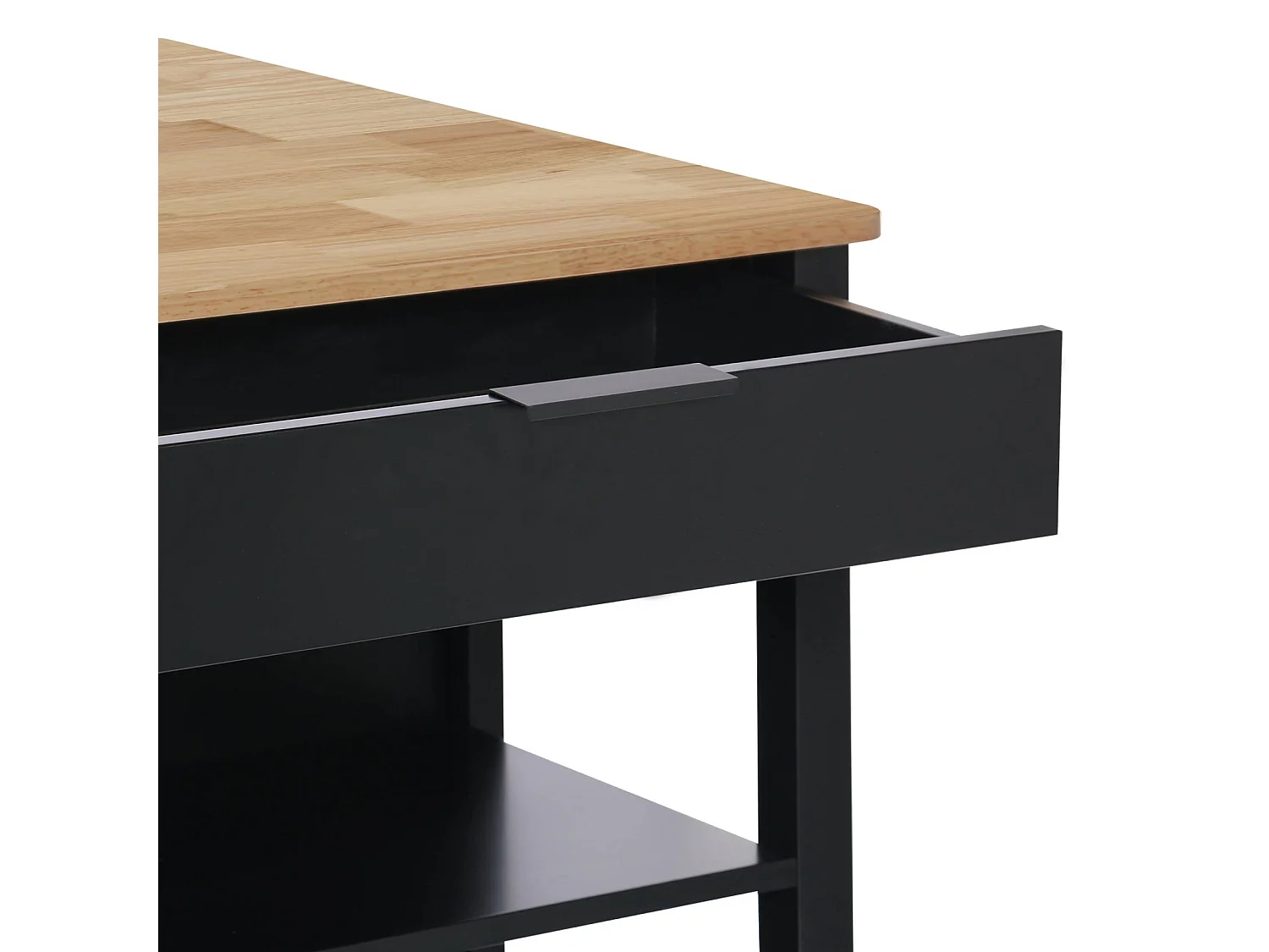 Îlot central de cuisine MOLENE. plateau en bois d'hévéa. 120x75cm. noir. 5 étagères. 1 porte. 1 tiroir. L 120 x P 75 x H 90cm