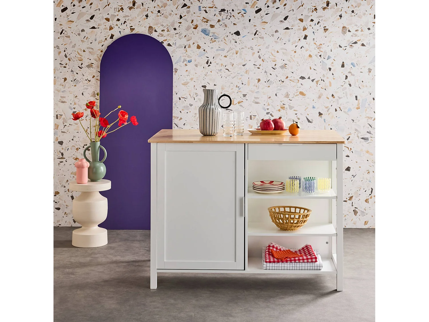 Îlot central de cuisine MOLENE. plateau en bois d'hévéa. 120x75cm. blanc. 5 étagères. 1 porte. 1 tiroir. L 120 x P 75 x H 90cm