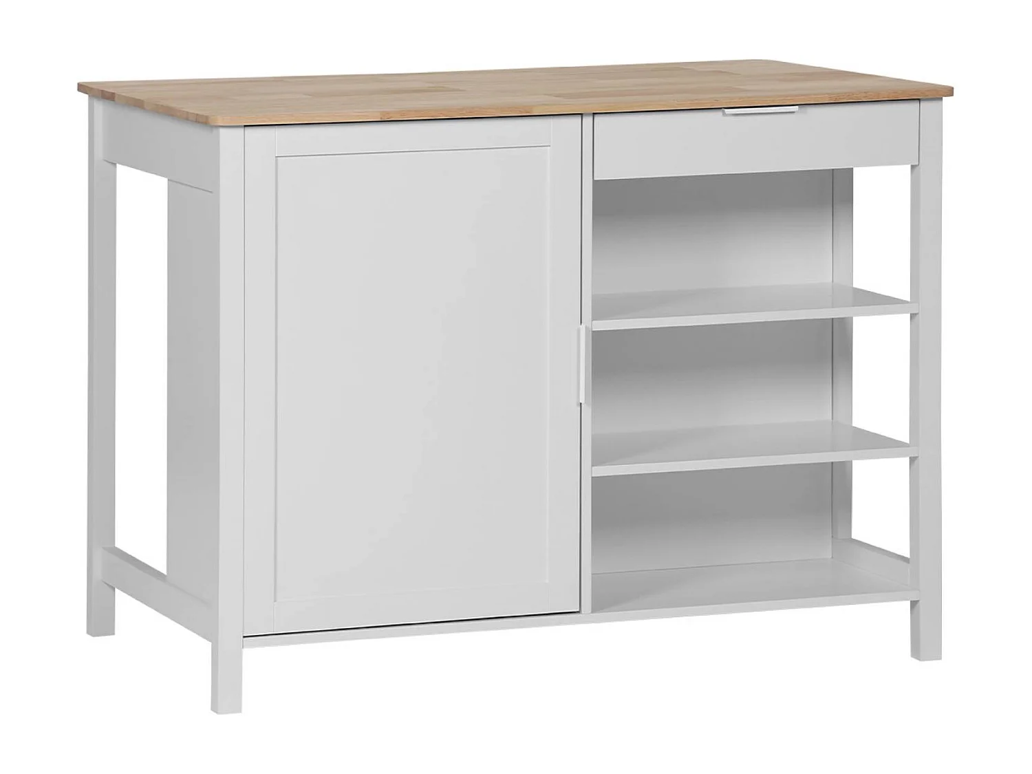 Îlot central de cuisine MOLENE. plateau en bois d'hévéa. 120x75cm. blanc. 5 étagères. 1 porte. 1 tiroir. L 120 x P 75 x H 90cm