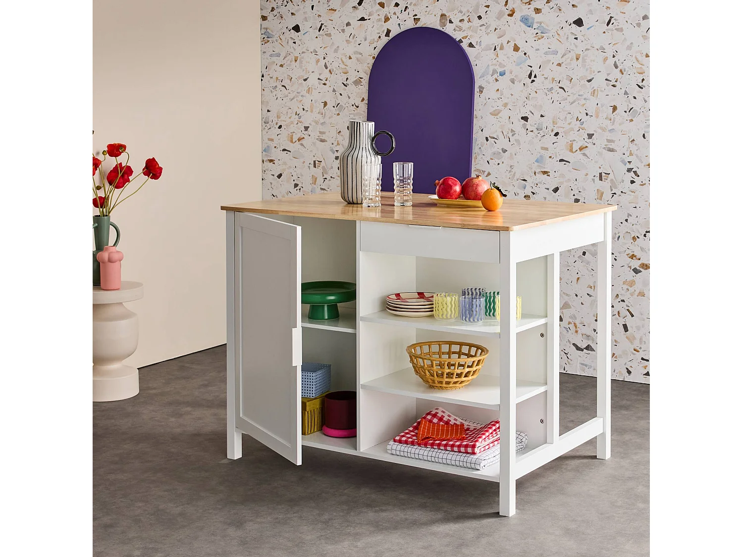 Îlot central de cuisine MOLENE. plateau en bois d'hévéa. 120x75cm. blanc. 5 étagères. 1 porte. 1 tiroir. L 120 x P 75 x H 90cm