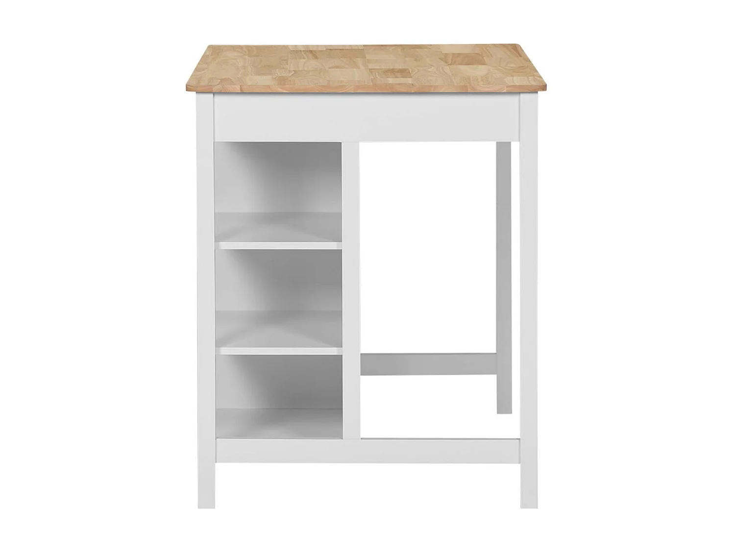 Îlot central de cuisine MOLENE. plateau en bois d'hévéa. 120x75cm. blanc. 5 étagères. 1 porte. 1 tiroir. L 120 x P 75 x H 90cm