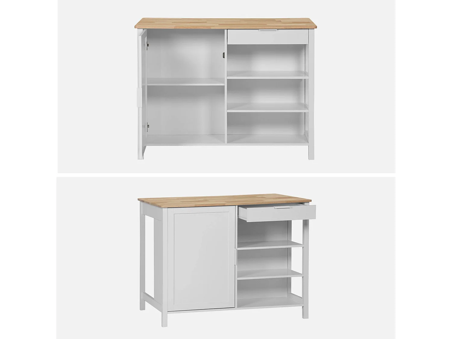 Îlot central de cuisine MOLENE. plateau en bois d'hévéa. 120x75cm. blanc. 5 étagères. 1 porte. 1 tiroir. L 120 x P 75 x H 90cm