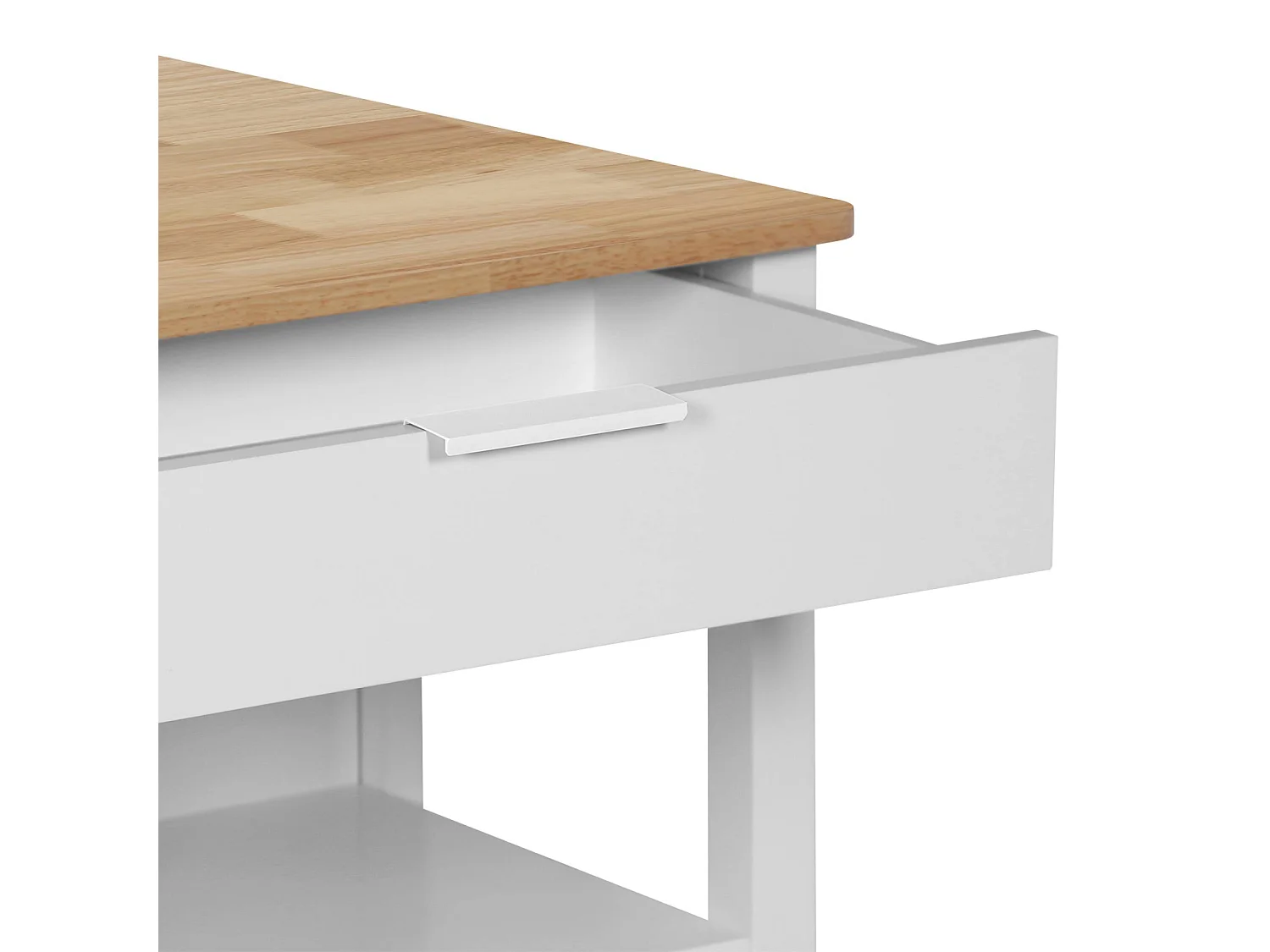 Îlot central de cuisine MOLENE. plateau en bois d'hévéa. 120x75cm. blanc. 5 étagères. 1 porte. 1 tiroir. L 120 x P 75 x H 90cm