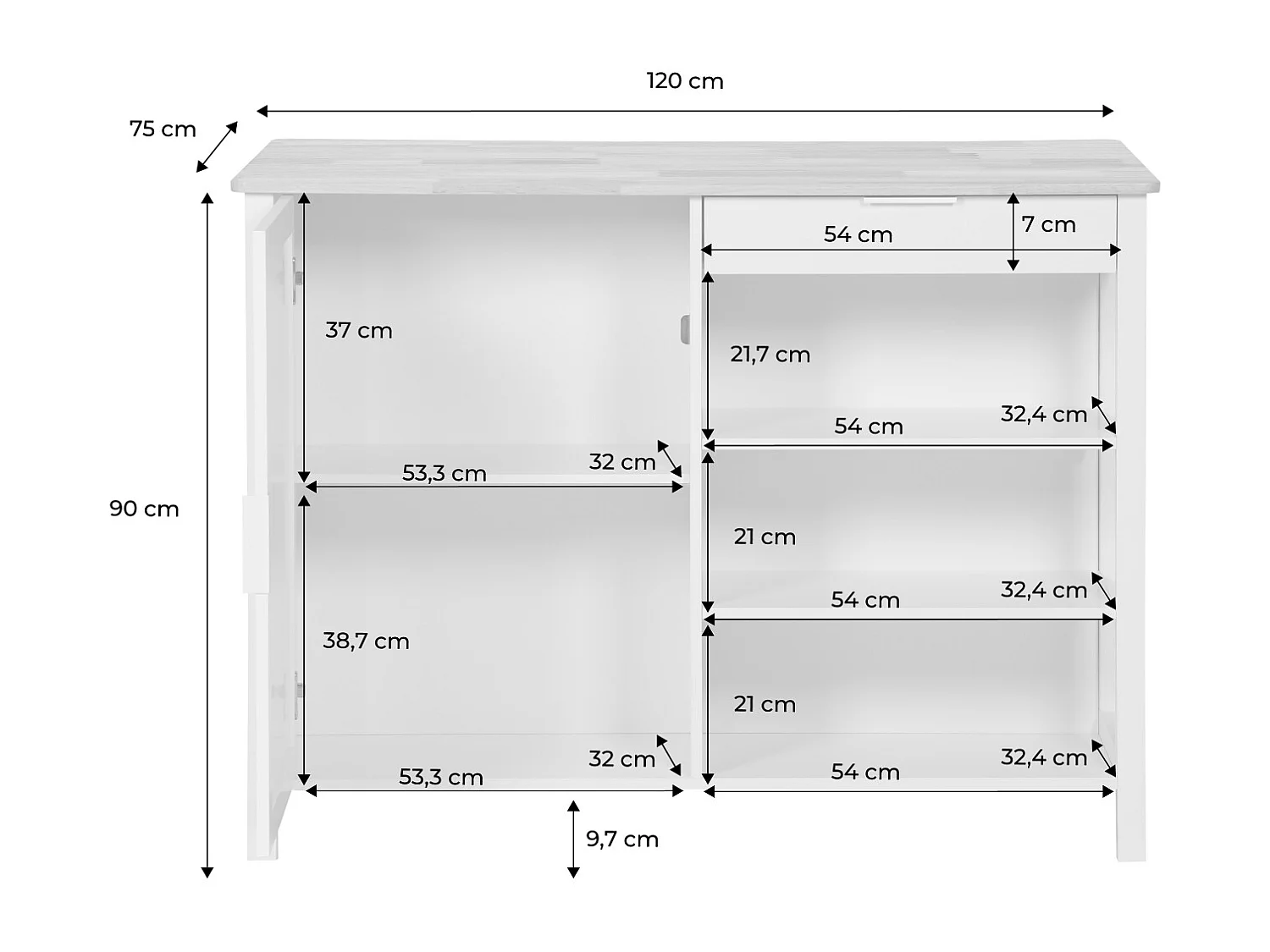 Îlot central de cuisine MOLENE. plateau en bois d'hévéa. 120x75cm. blanc. 5 étagères. 1 porte. 1 tiroir. L 120 x P 75 x H 90cm