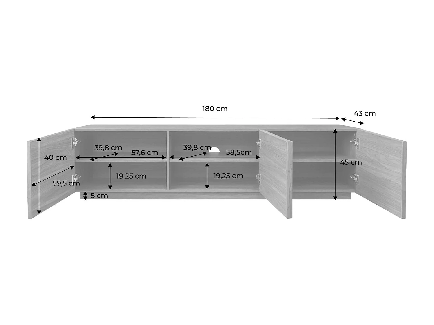 Mobile tv decorativo in legno 3 ante 180cm, marrone naturale