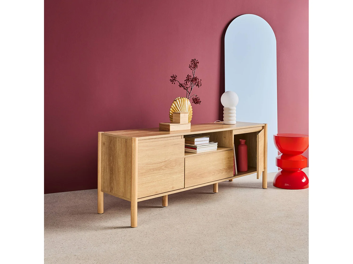 Mobile tv decorazione legno 2 ante 1 cassetto 140cm, marrone naturale