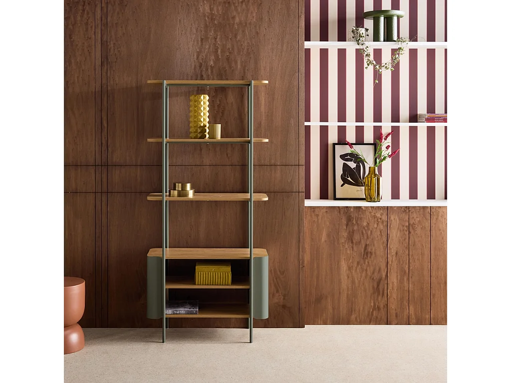 Etagère bibliothèque métal courbé et décor bois 6 niveaux vert - Molto
