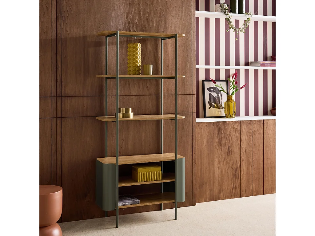 Etagère bibliothèque métal courbé et décor bois 6 niveaux vert - Molto