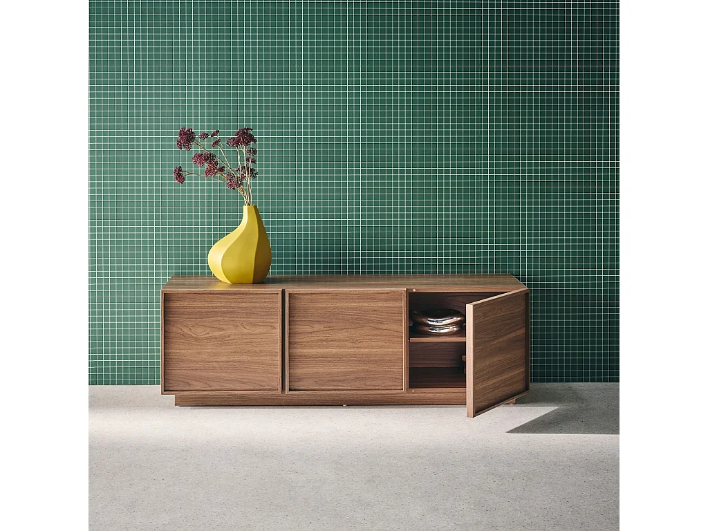 Meuble TV décor bois noyer 3 portes L 140 x P 43 x H 45cm - Kuba
