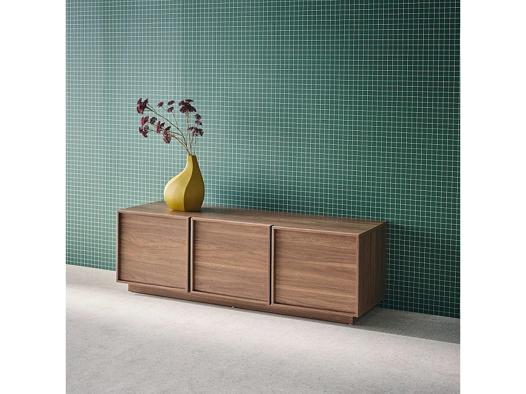 Meuble TV décor bois noyer 3 portes L 140 x P 43 x H 45cm - Kuba